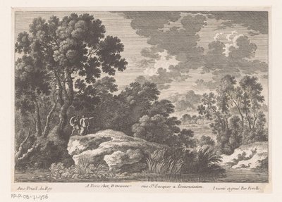 Landschaft mit Mann, Frau und Kind auf Felsen bei Teich von Nicolas Perelle