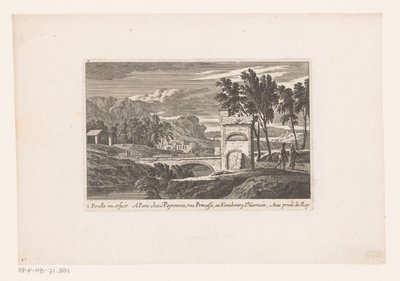 Landschaft mit Wanderern bei einer Steinbrücke von Nicolas Perelle