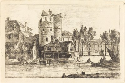 Stadt am Flussufer mit zwei runden Türmen von Nicolas Perignon