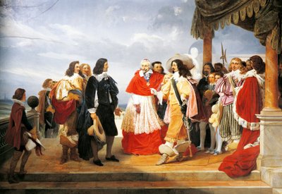 Kardinal Richelieu stellt Poussin Louis XIII. im Jahr 1640 vor, Detail aus einem Gemälde von 1832 von Jean Alaux (1786-1864), Frankreich von Nicolas Poussin