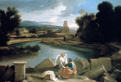 Landschaft mit St. Matthäus und dem Engel, um 1645 von Nicolas Poussin
