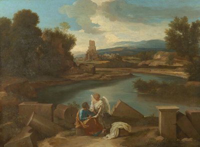 Landschaft aus der römischen Campagna, mit Matthäus und dem Engel von Nicolas Poussin