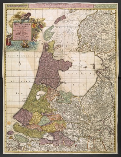 Karte von Holland, zeigt Siedlungen, Sümpfe, Wälder, Hügel, Straßen, Flüsse und andere geografische Merkmale. Zeigt den Titel in einer dekorativen Kartusche oben links mit Ruhm, Neptun und Thetis, begleitet von Putti, die die Wappen der Vereinigten Provinz von Nicolas Visscher