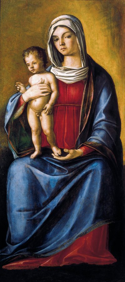 Madonna mit Kind, Zentrales Panel des Triptychons mit Madonna und Kind, St. Albert und St. Sebastian von Nicolo Rondinelli