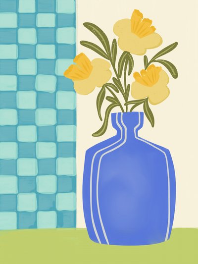 Gelbe Blumen in blauer Vase von Nikita Jariwala
