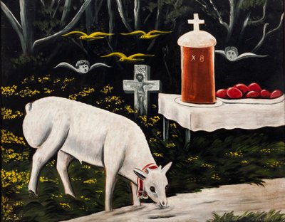 Ein Osterlamm und Ostertisch mit fliegenden Engeln von Niko Pirosmani