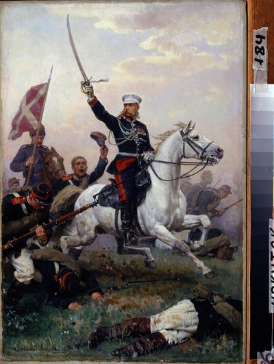 Russisch-Türkischer Krieg (1877-1878): General Mikhail F. Skobelev zu Pferd während der Schlacht am Schipkapass 1877 von Nikolai Dmitrievich Dmitriev Orenburgsky