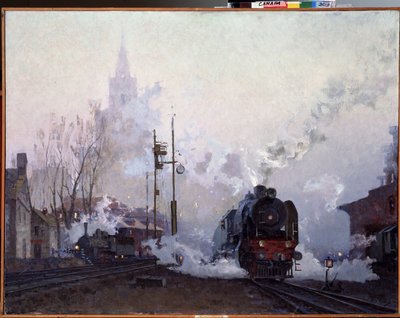 Auf dem Weg. Die Dampflokomotiven hüllen die Stadtlandschaft in Rauch. von Nikolai Dmitrievich Kuznetsov