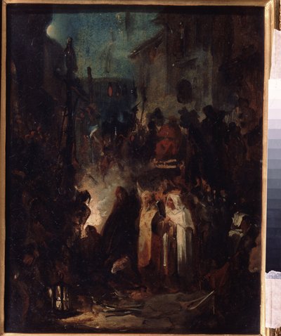 Autodafé. Straßenszene bei Nacht nach dem Urteil des Inquisitionstribunals, Werk von Nikolai Petrovich Lomtev von Nikolai Petrovich Lomtev
