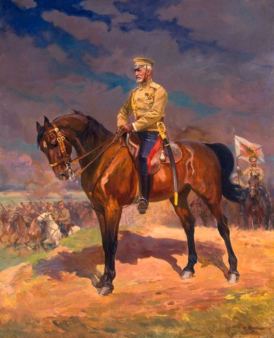 Porträt von Großherzog Nikolai Nikolajewitsch 1856–1929 zu Pferd, 1910er Jahre von Nikolai Semyonovich Samokish