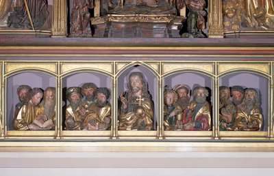 Holzschnitzereien von Christus und den zwölf Aposteln, von der Predella des Retabels des Isenheimer Altars, um 1490 von Nikolaus Hagenauer
