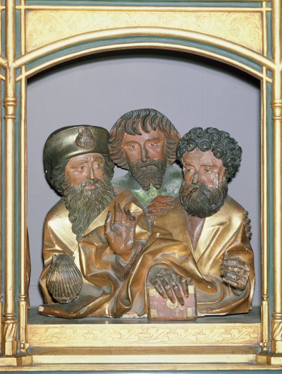 Holzschnitzereien von St. Jakobus dem Älteren, St. Simon und St. Thaddäus, aus der Predella des Isenheimer Altars, um 1490 von Nikolaus Hagenauer
