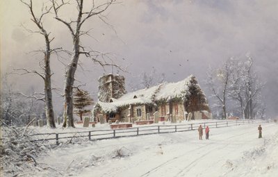 Winterszene mit Figuren auf einem Pfad nahe einer Kirche von Nils Hans Christiansen