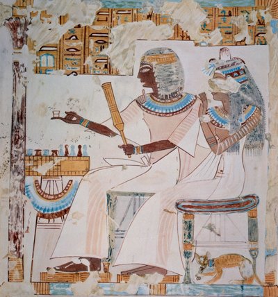 Neferrompet und seine Frau beim Schachspielen, Kopie eines Freskos aus dem Grab von Neferrompet, Theben, aus der Regierungszeit von Ramses II, Platte aus Altägyptische Malereien von Nina Davies von Nina de Garis Davies