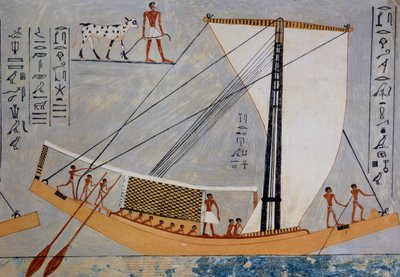 Segelboot und Ruder, Kopie eines Freskos aus dem Grab von Kaemronkh VI, Gizeh, 4. Dynastie, Platte aus Alte Ägyptische Malereien, von Nina Davies von Nina de Garis Davies