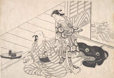 Dame unterbricht ihren Liebhaber, der Shamisen spielt von Nishikawa Sukenobu