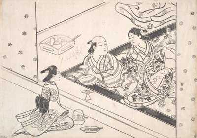 Dame spielt Shamisen, mit ihrem Liebhaber und Diener in der Nähe von Nishikawa Sukenobu