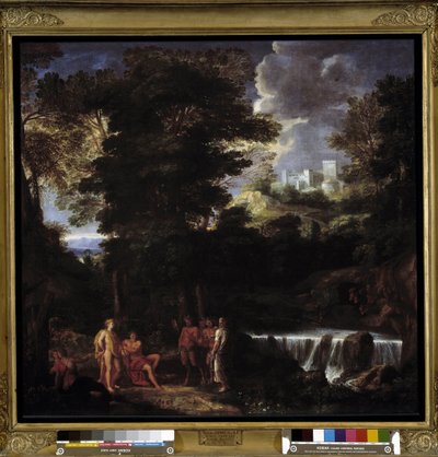 Marsyas spielt Flöte vor Apollo und Midas. Der Satyr trotzt dem Gott Apollo, König der Lyra, vor König Midas und den Musen von Noël Coypel