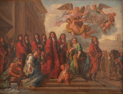 Die Schöffen von Paris verlassen das Hôtel de Ville nach Notre Dame, um nach dem Sieg von Seneffe im Jahr 1674 zu danken, ca. 1681 (Öl auf Leinwand) von Noël Coypel