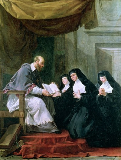 St. Franz von Sales (1567-1622) gibt die Regel der Visitation an St. Jeanne de Chantal (1572-1641) von Noel Halle