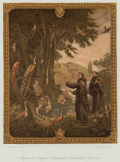 St. Franziskus von Assisi predigt den Vögeln (Farblithografie) von Nordmann (after)