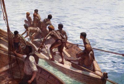 Copra-Jungen auf dem Weg zum Ufer, Neue Hebriden von Norman Hardy