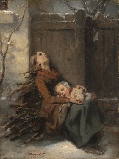 Mittellose tote Mutter, die ihr schlafendes Kind im Winter hält, ca. 1850 von Octave Tassaert