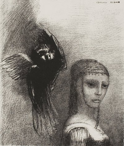 Und ein großer Vogel, der vom Himmel herabsteigt, stürzt sich gegen die höchste Spitze ihres Haares, Platte 3 von 10 von Odilon Redon