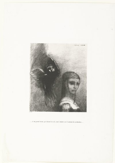 Und ein großer Vogel, der vom Himmel herabsteigt, landet auf ihrem Haarkranz von Odilon Redon