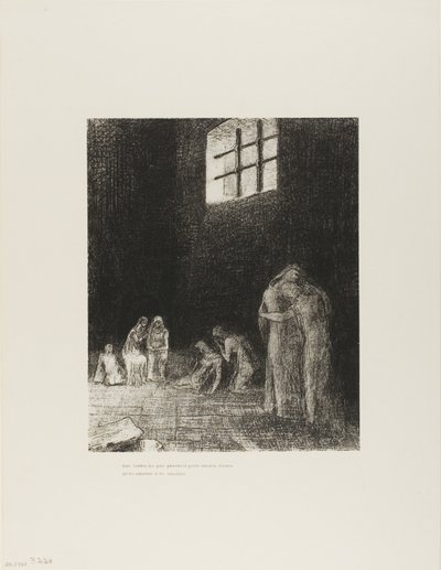 Im Schatten sind Menschen, die weinen und beten, umgeben von anderen, die sie ermahnen, Platte 6 von 24 von Odilon Redon