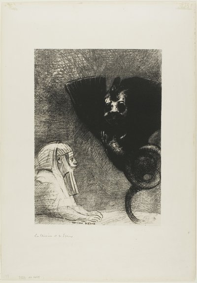 Die Sphinx: "...mein Blick, den nichts ablenken kann, bleibt durch die Objekte hindurch auf einen unerreichbaren Horizont gerichtet." Die Chimäre: "Was mich betrifft, ich bin leicht und fröhlich," Platte 5 aus An Gustave Flaubert von Odilon Redon