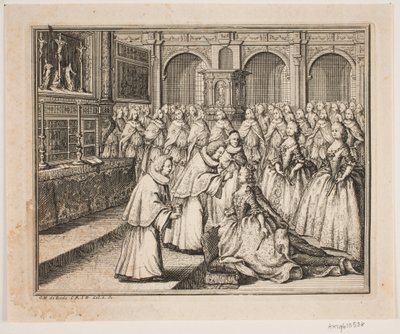 Bischof Hersleb salbt Königin Louise in der Schlosskirche von Frederiksborg. Illustration zur Salbung von Friedrich IV. von Odvardt Helmoldt de Lode