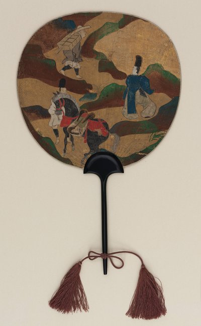 Fächer; auf der einen Seite Narihira und der Pilger; auf der anderen Chrysanthemen und ein Bach, Edo-Periode, spätes 17. - frühes 18. Jahrhundert von Ogata Korin
