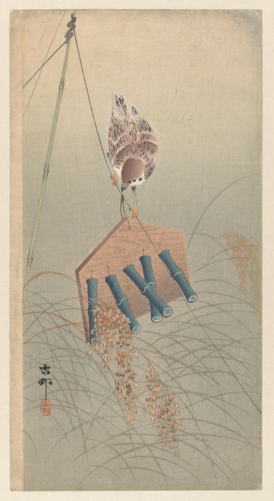 Spatz auf Vogelscheuche von Ohara Koson