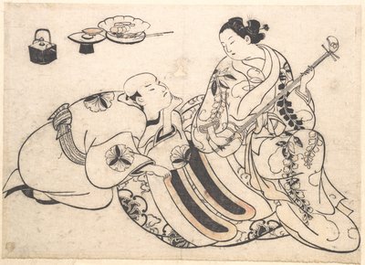 Ein Mann in kniender Haltung, der sich nach vorne beugt und einer Oiran zuhört, die Shamisen spielt von Okumura Masanobu