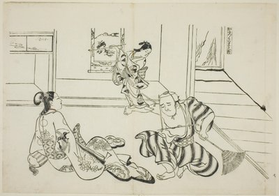 Kindlicher Begleiter und kahler Tengu vom Berg Kurama (Kaburo Kurama Tengu), Nr. 7 aus einer Serie von 12 Drucken, die Parodien von Stücken darstellen von Okumura Masanobu