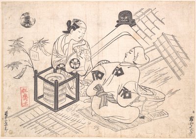 Katsuyama Matagoro als Yane-chi auf einer Strohmatte auf dem Ziegeldach eines Hauses sitzend von Okumura Masanobu