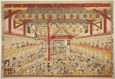 Großes Perspektivbild der Kaomise-Aufführung auf der Kabuki-Bühne (Shibai kyogen butai kaomise o uki-e) von Okumura Masanobu