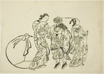 Daikokus Höhe messen, Nr. 5 aus einer Serie von 12 Drucken von Okumura Masanobu