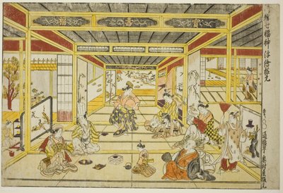 Originalperspektivbild der modischen sieben Glücksgötter (Furyu shichi fukujin uki-e kongen) von Okumura Masanobu