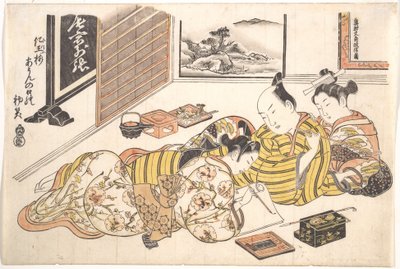 Tafel aus dem erotischen Buch Mounds of Dyed Colors: Ein Musterbuch für das Boudoir (Someiro no yama neya no hinagata), Erster Monat von Okumura Masanobu