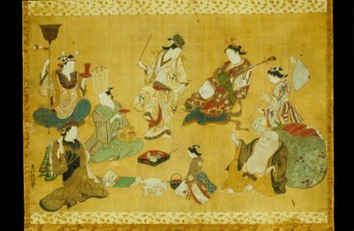 Festgesellschaft im Vergnügungsviertel als Mitate der Sieben Glücksgötter von Okumura Masanobu