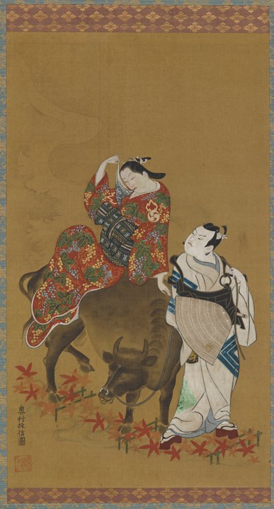 Zwei Kabuki-Schauspieler in den Rollen einer Kurtisane auf einem Wasserbüffel und eines reisenden Priesters, 1686-1764 von Okumura Masanobu