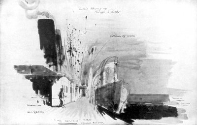 Der Moment, als ein Torpedo vom deutschen U-Boot U-20 die RMS Lusitania traf, 7. Mai 1915, 1926 von Oliver Percy Bernard