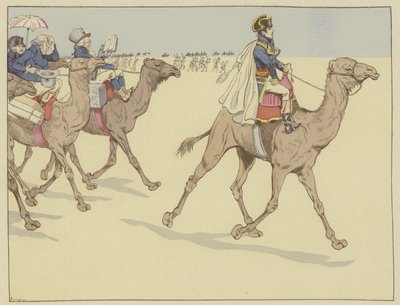 Angekommen im Land der Pharaonen, wurde Napoleon überall von einer Kommission von Gelehrten und Künstlern begleitet, die noch nie auf dem Rücken eines Kamels geritten waren, 1. Juli 1798 von Onfray de Breville Job