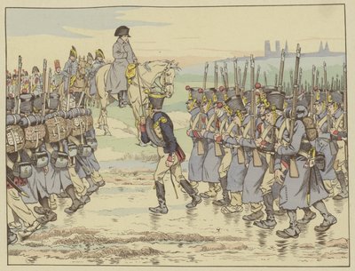 Napoleon beobachtet, wie das letzte Kontingent der Armee in der französischen Kampagne nahe Reims vorbeimarschiert, 16. März 1814 von Onfray de Breville Job