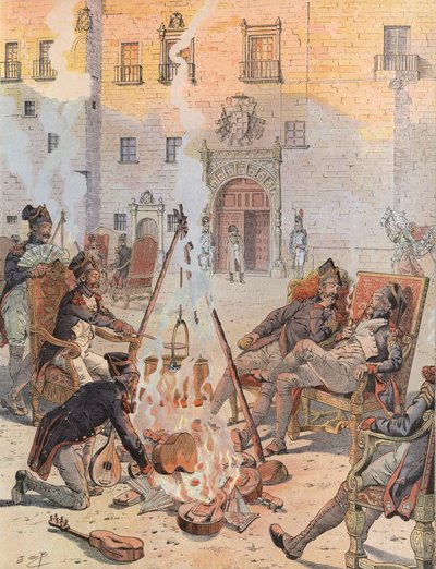 Napoleon beobachtet einige seiner Truppen, die sich in Burgos entspannen von Onfray de Breville Job