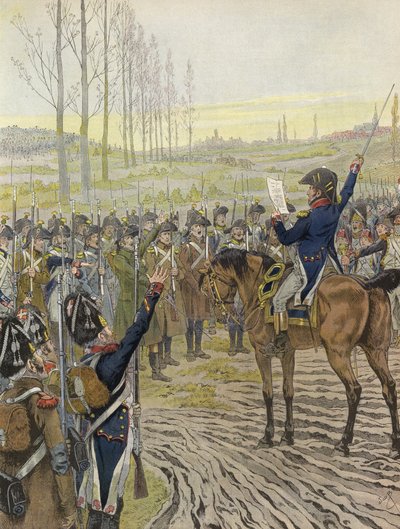 Die Worte Napoleons werden einigen seiner Truppen während des Feldzugs am Rhein, 1805, vorgelesen von Onfray de Breville Job