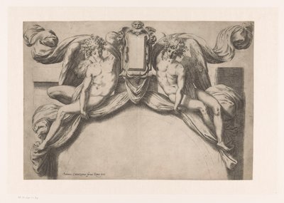Entwurf für eine Türumrahmung mit zwei Genien, die eine Kartusche halten von Orazio de Santis (attributed to)