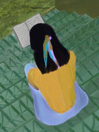 Mädchen liest auf der Treppe von Osheensgallery